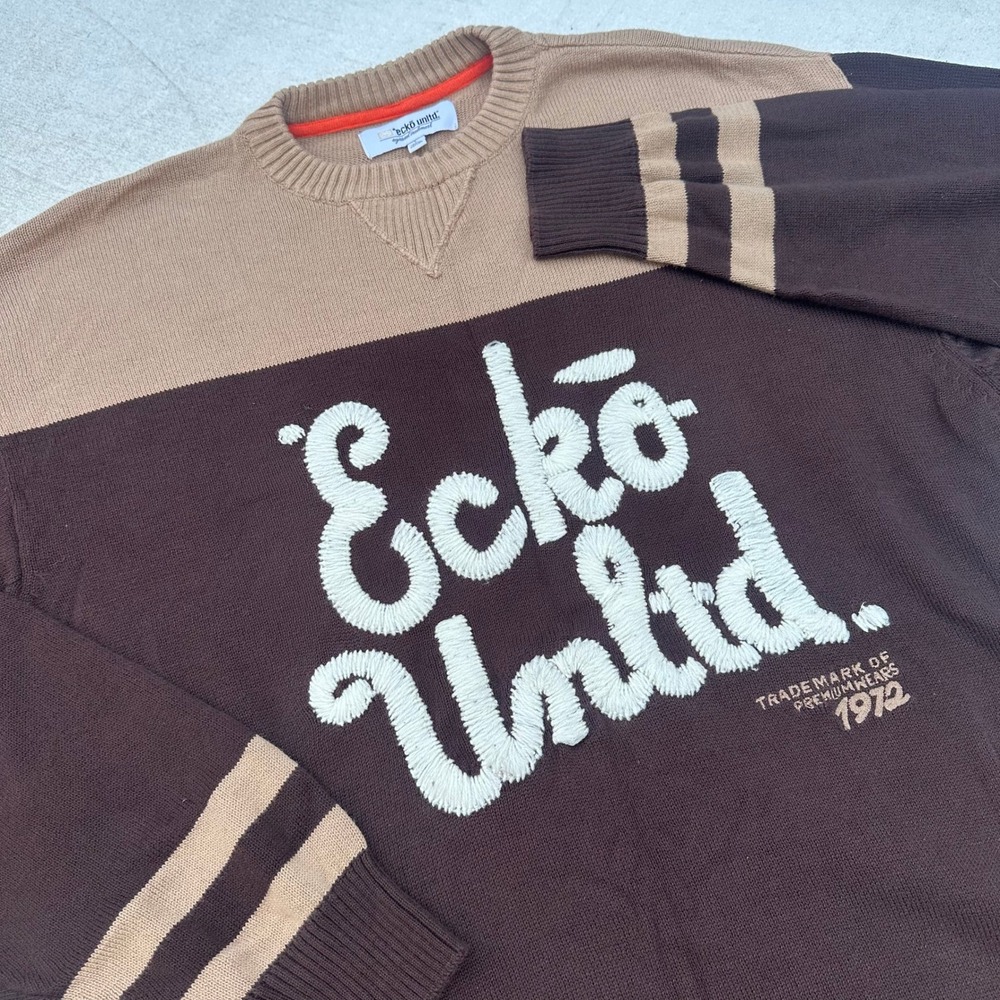 Vintage Ecko Unltd Sweater Mens L Brown Tan Logo Knit Y2K Hip Hop Streetwear